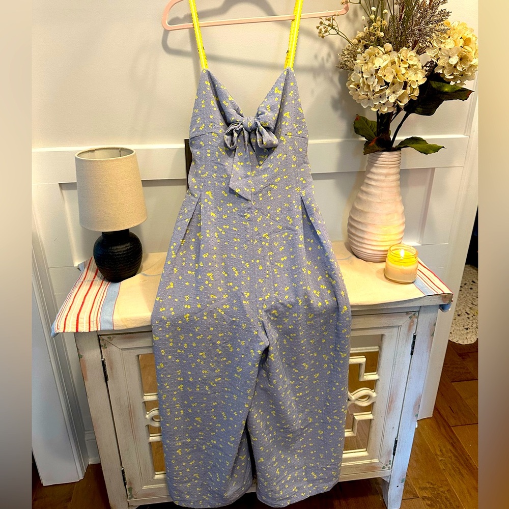 Free People Blue and Red Floral Jumpsuit with Adjustable Straps